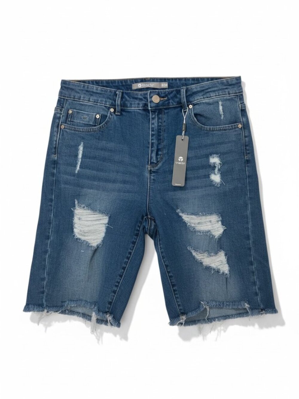 Tractr Women’s High‎ Rise 9” Distressed Mom Jean Shorts Indigo NWT size 8